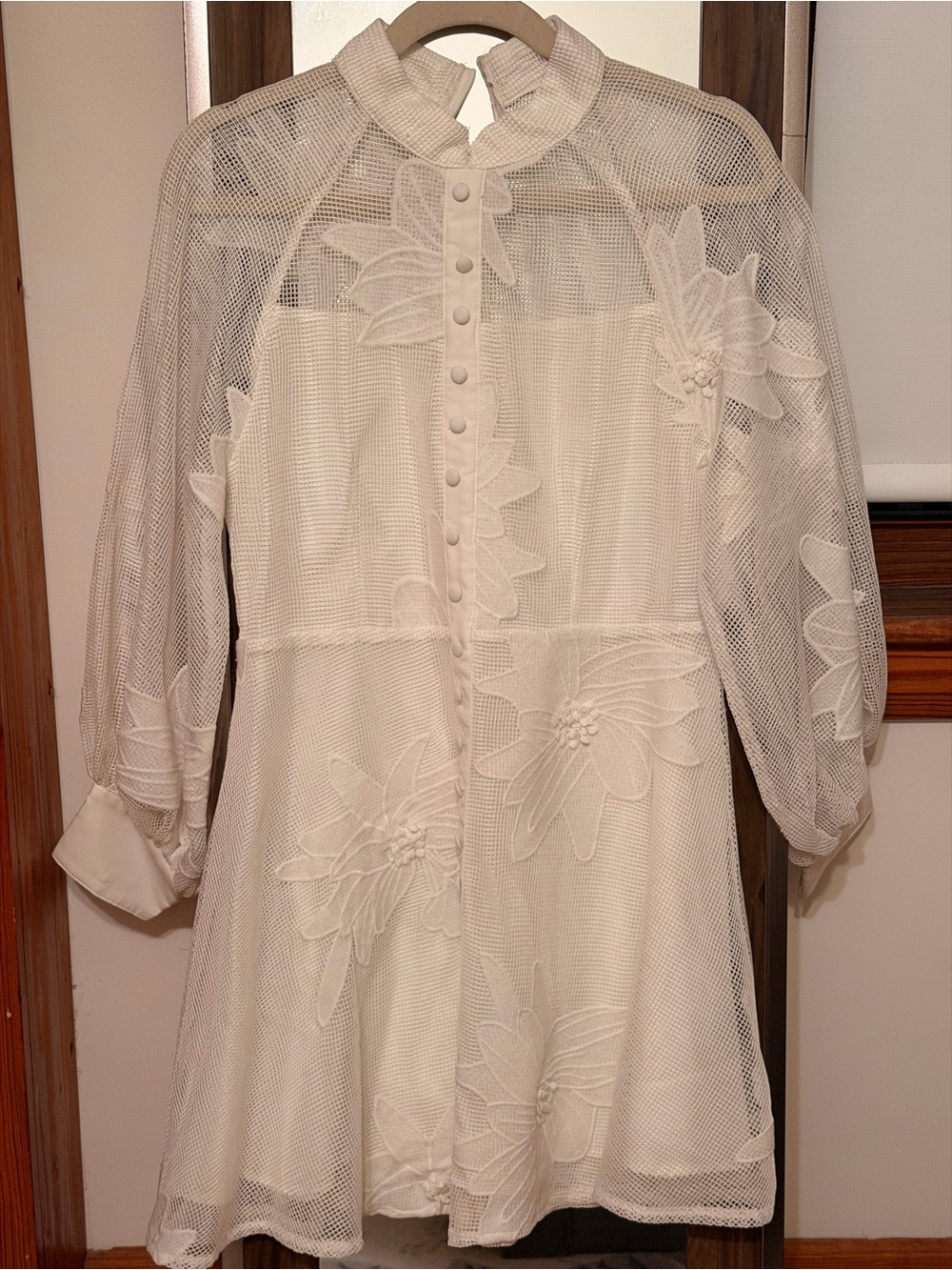 Sheer Ivory Floral Lace Long-Sleeve Mini Dress